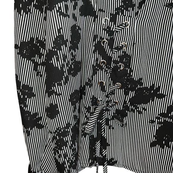 Worthington Floral Blouse Womens XXL Black White Striped Lace Up Long Sleeve Top - Picture 3 of 12